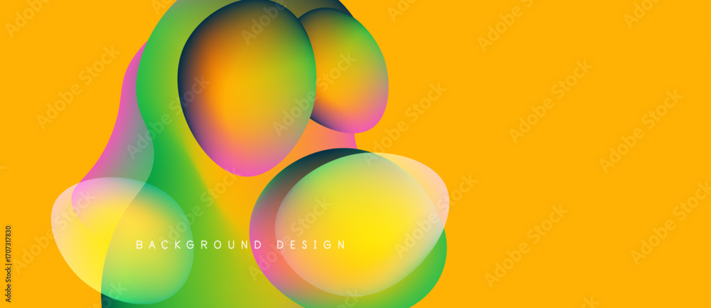 Poster abstract colorful blobs overlap yellow backdrop. modern design elements create vibrant visual experi
