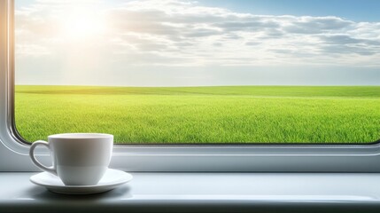 Obraz premium Coffee cup by window with green fields