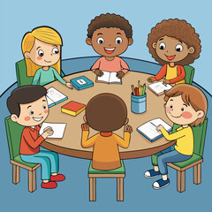 “Happy Children Studying Together at Round Table Cartoon”