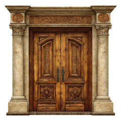Fototapeta premium Elegant double doors with stone pillars and carved wood, white background