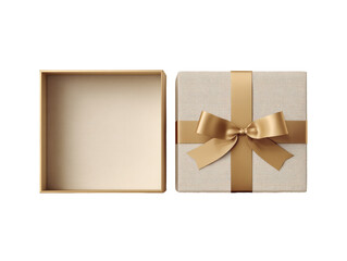 Open beige gift box with gold ribbon