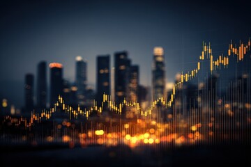 Abstract illustration of a cityscape with overlaid financial data, trending upwards