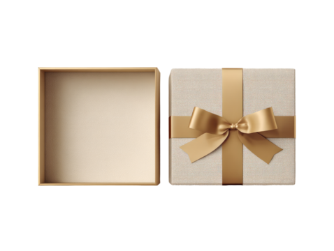 Open beige gift box with gold ribbon