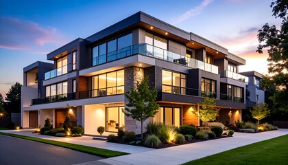 A modern, multi-story residential building glows with warm interior lights as dusk descends, featuring glass balconies and manicured landscaping