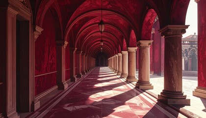 Naklejka premium A grand, colonnaded hallway, bathed in the deep crimson light of a sunlit day, extends into the distance.