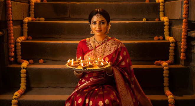 Happy Diwali Festive Women Lighting Diya Lamp Traditional Artistic Background Indian Celebration Joyful Culture Spiritual Decor