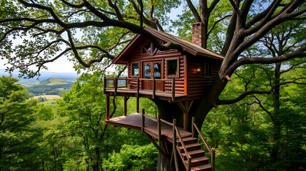 Dreamy Treehouse Retreat: A whimsical escape awaits in a lush, verdant forest, where a rustic treehouse nestled high in the branches offers stunning views of rolling hills and a breathtaking landscape