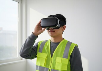 Construction Worker Using VR Headset on Site