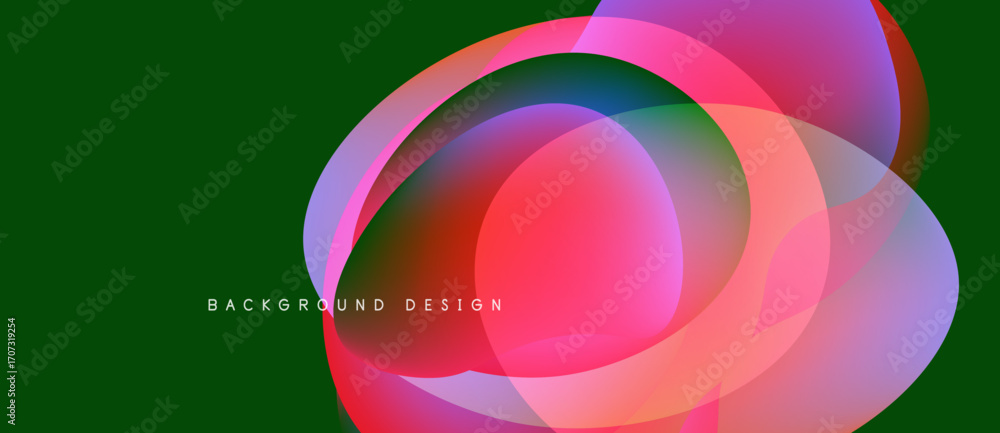 Poster abstract colorful shapes overlap green backdrop. modern design elements create dynamic visual impact