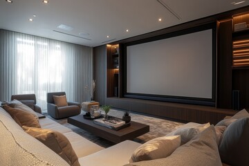 A living room with a large screen on the wall