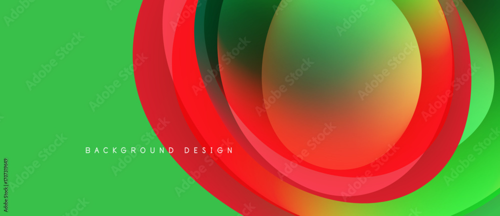 Poster abstract layers, vibrant colors, dynamic composition. green background features flowing red, yellow 