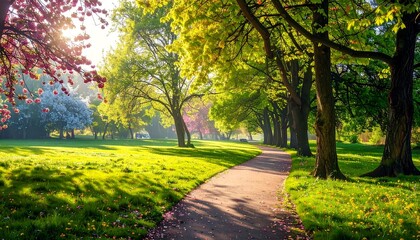 Fototapeta premium Spring park path bathed in sunlight
