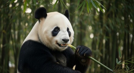 Obraz premium Giant panda enjoying a bamboo snack amidst lush greenery. A captivating portrait of this iconic, endangered bear, symbolizing wildlife preservation and nature's beauty