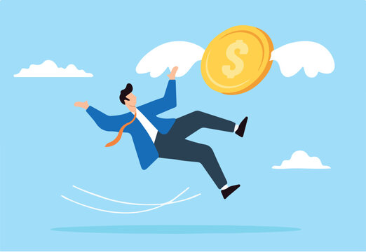 Clumsy businessman slipped and losing dollar coins in flat design