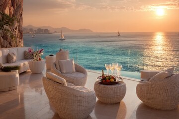 Luxury oceanfront patio at sunset with champagne and fruit