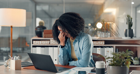 Tired, business and woman with eye strain in office for accounting, work pressure and burnout....