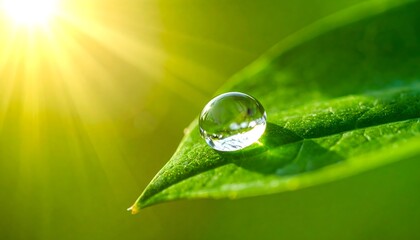 Macro view of a crystal clear water drop on a verdant green leaf under the golden sun, symbolizing freshness and a clean environment