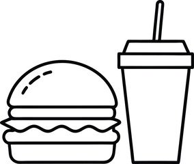 Black and white line drawing of a hamburger and a drink cup straw fast food