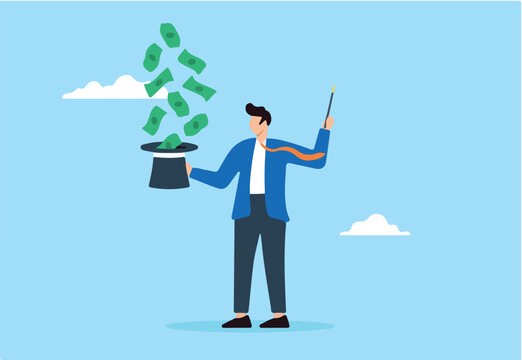 Financial wizard make money with magic wand and hat in flat design