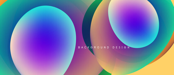 Abstract colorful gradients overlap. Circles blend purple, blue, yellow hues. Modern design element for backgrounds, presentations.