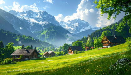 Breathtaking summer landscape of an idyllic alpine village with wooden chalets nestled in a green valley below majestic snow-capped mountains