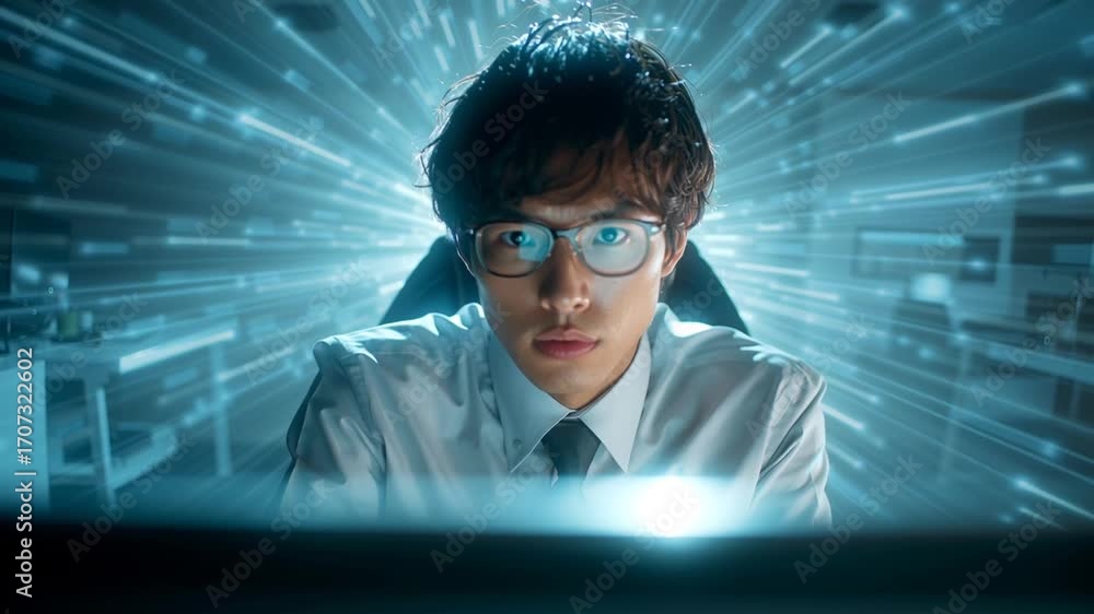 Poster focused and intense, a young man with glasses is immersed in a futuristic technology, possibly codin