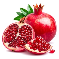 Pomegranate halves and whole fruit