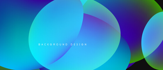 Abstract fluid shapes, vibrant blues, purples create dynamic background. Overlapping circles suggest depth, modern design aesthetic.