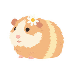 Cute cartoon guinea pig with daisy on head in adorable pose – flat illustration