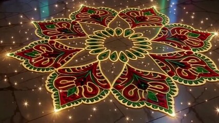 3D glowing rangoli design with symmetrical patterns, animated sparkles, elegant festive decoration for Diwali videos - Powered by Adobe