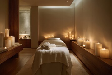 Serene spa room lit by candles, ready for treatment