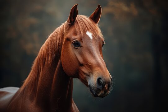 Majestic brown horse with a white marking in a serene background during golden hour