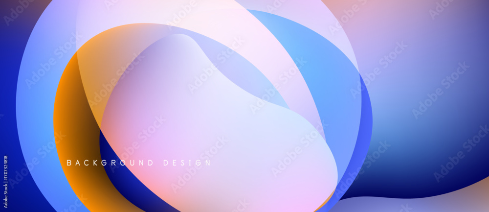 Poster abstract fluid shapes overlap, creating dynamic gradient background. colors blendblue, orange, purpl