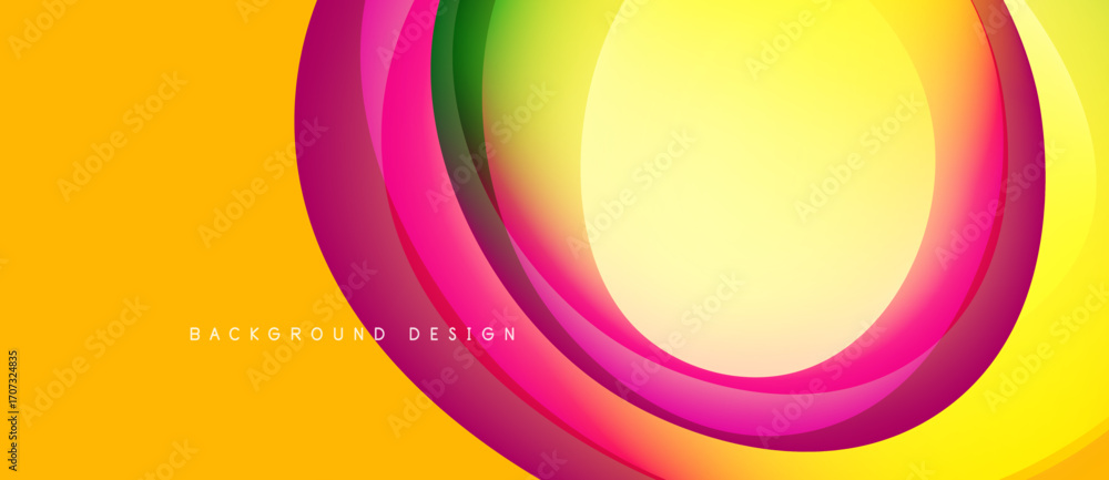 Poster abstract vibrant layers create dynamic circular form. yellow background complements pink, green hues
