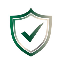 Green shield with check mark for security and protection isolated on white background
