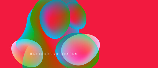 Abstract colorful shapes overlap on vibrant red background. Gradient hues create dynamic visual effect. Modern design element.
