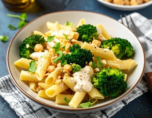 Vegan pasta with creamy cashew sauce and broccoli