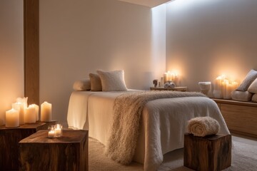 Serene spa room with candles and massage table