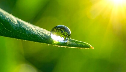 Glistening water droplet delicately perched on a vivid green leaf, capturing the golden sunlight and reflecting the beauty of nature, symbolizing purity, freshness, and the essence of life