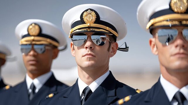 Seafaring Pride: A band of proud naval officers, impeccably dressed in their ceremonial attire, stand with resolute gazes, their reflective sunglasses mirroring the vast open sky, embodying duty.