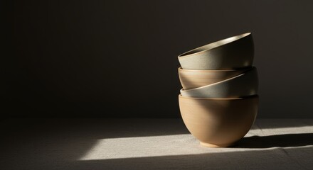 Stacked Ceramic Bowls in Soft Natural Light on a Dark Background
