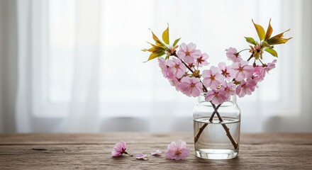 Elegant Cherry Blossom Arrangement in Glass Vase on Wooden Table