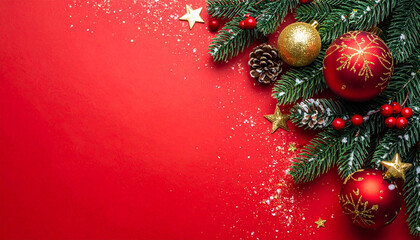Sparkling red background decorated with pine branches and Christmas ornaments;