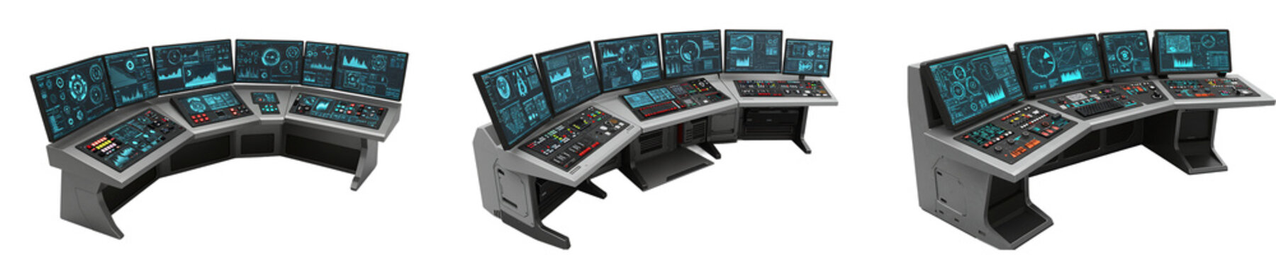 Futuristic Control Room Consoles on Transparent Background