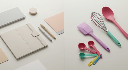 Modern Office Supplies and Colorful Kitchen Utensils on White Surface