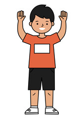 Boy with raised hands in orange shirt and black shorts. Happy preschooler doing exercises, attracting attention, for preschool educational advertising.