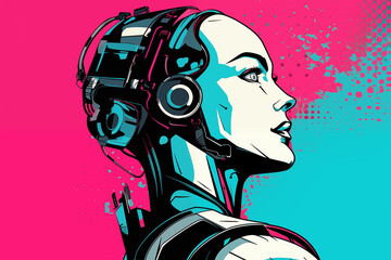 Pop art robot with futuristic design, bold outline, neon colors.