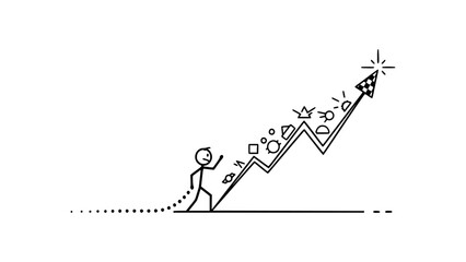 Stick figure climbing a jagged upward trending graph