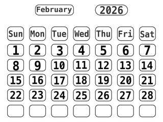 Black Line Art 2026 Calendar template with No Background, February 2026