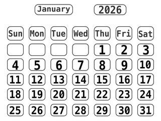 Black Line Art 2026 Calendar template with No Background, January 2026